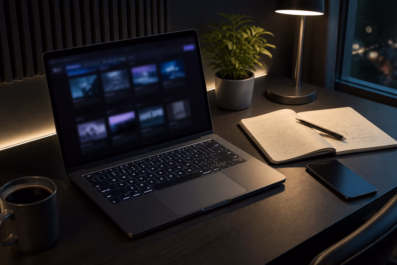A workspace with a laptop displaying a dark web directory, illustrating the exploration of black web sites.