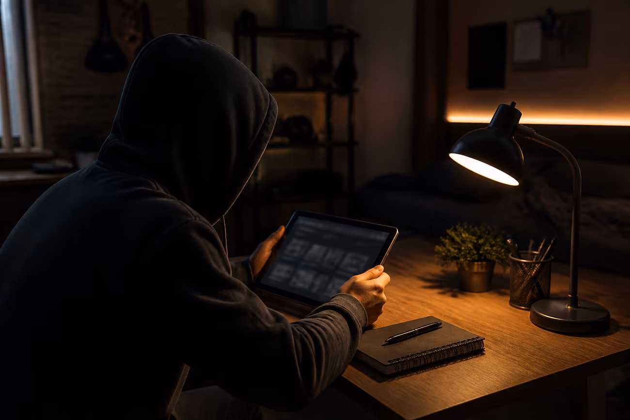 A user examining dark web content on a tablet, highlighting the hidden aspects of the internet.