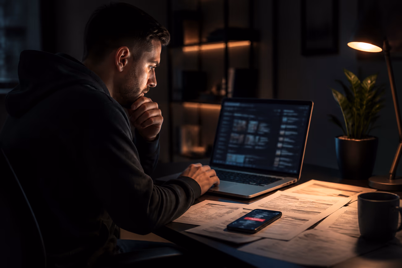 A user in a modern office analyzing dark web credit card listings, surrounded by relevant documents.