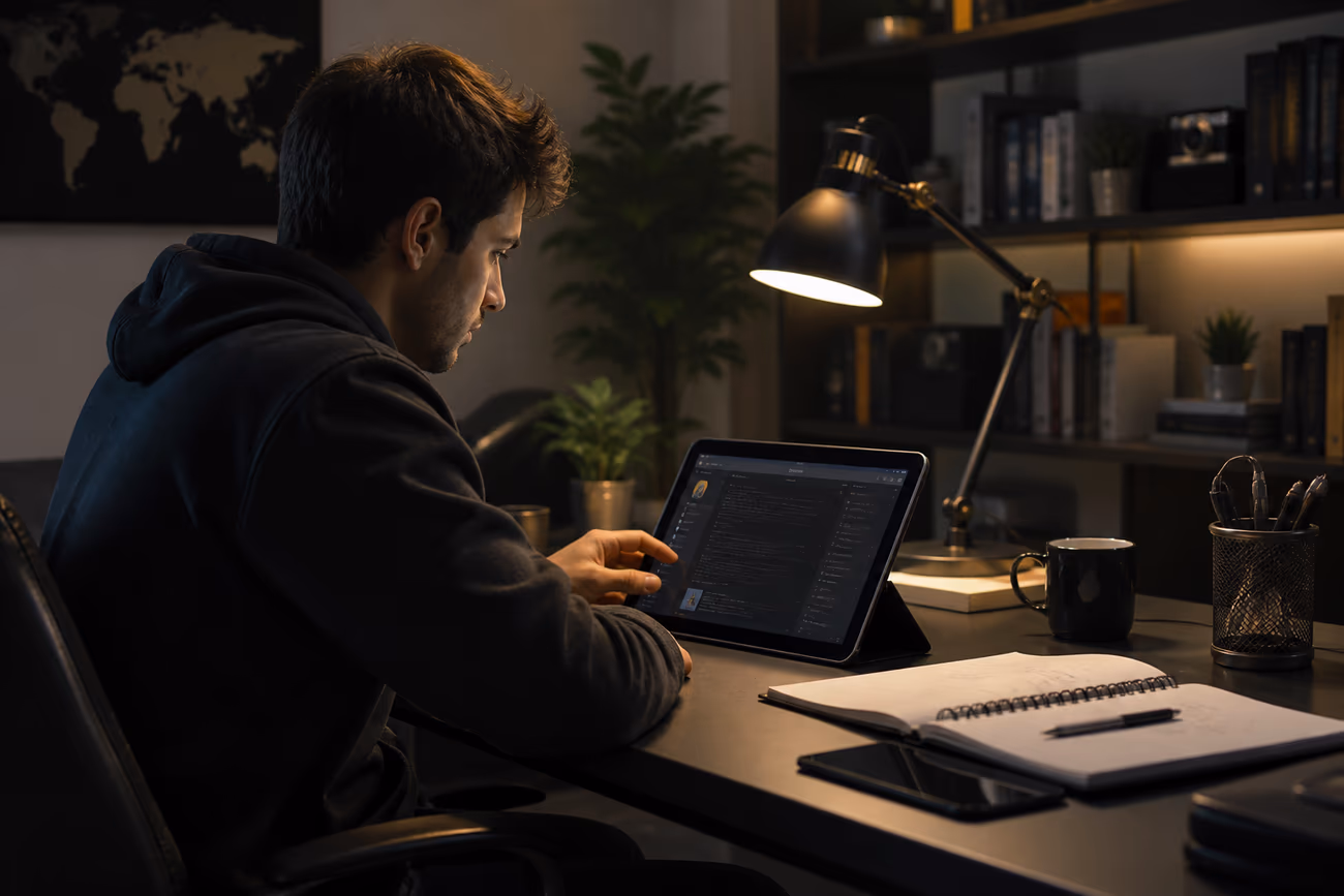 A focused user exploring The Hidden Wiki on a tablet in a tech-savvy environment.