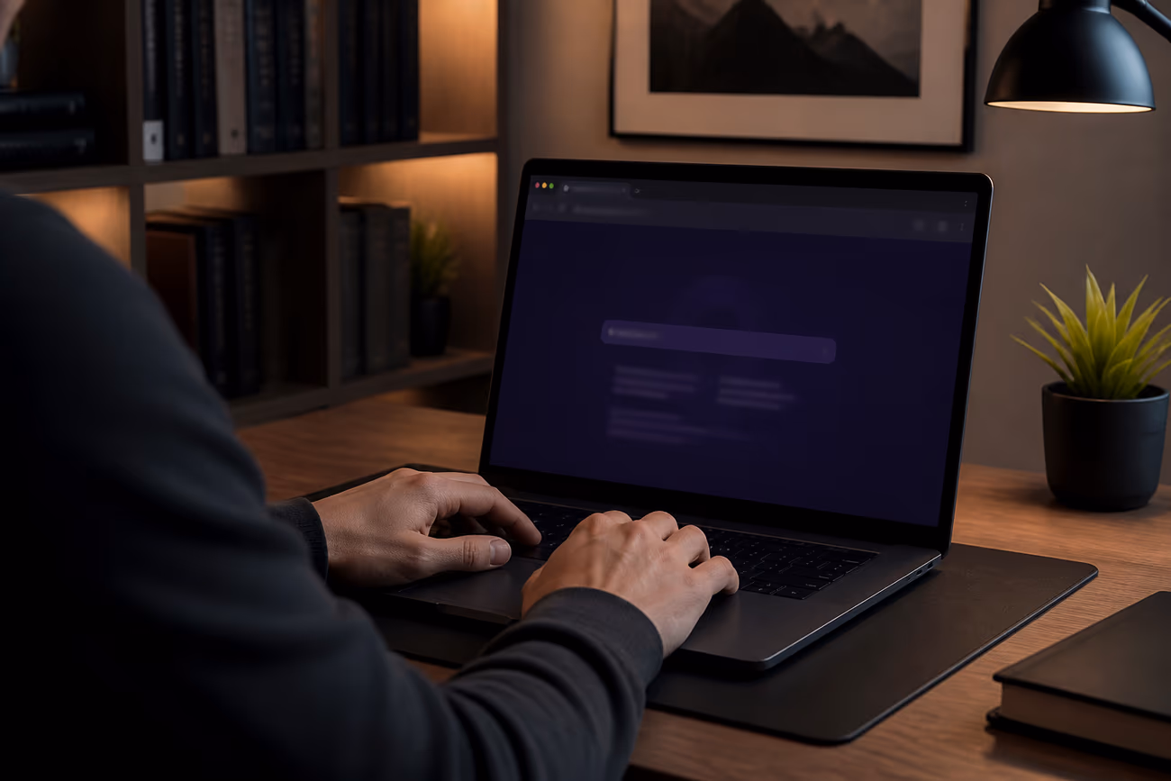 A person examining dark web links on a laptop in a cozy home office setting, emphasizing safe exploration.
