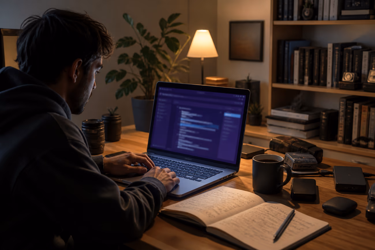 A user exploring dark web .onion links in a warm home office, highlighting the article's focus on safe navigation.