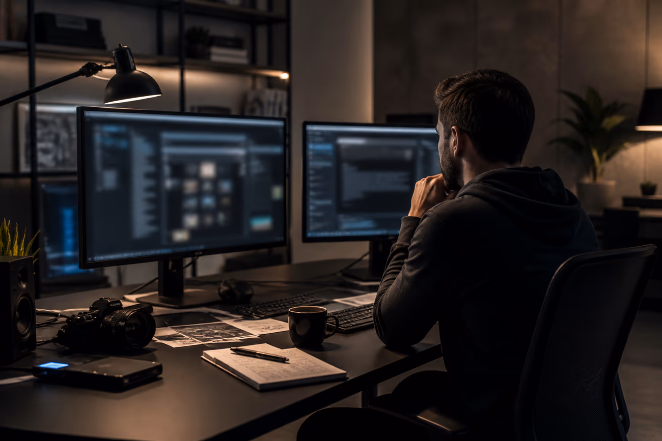 A user examines blurred dark web content on dual monitors in a modern home office setting, highlighting the article's focus on dark web exploration.
