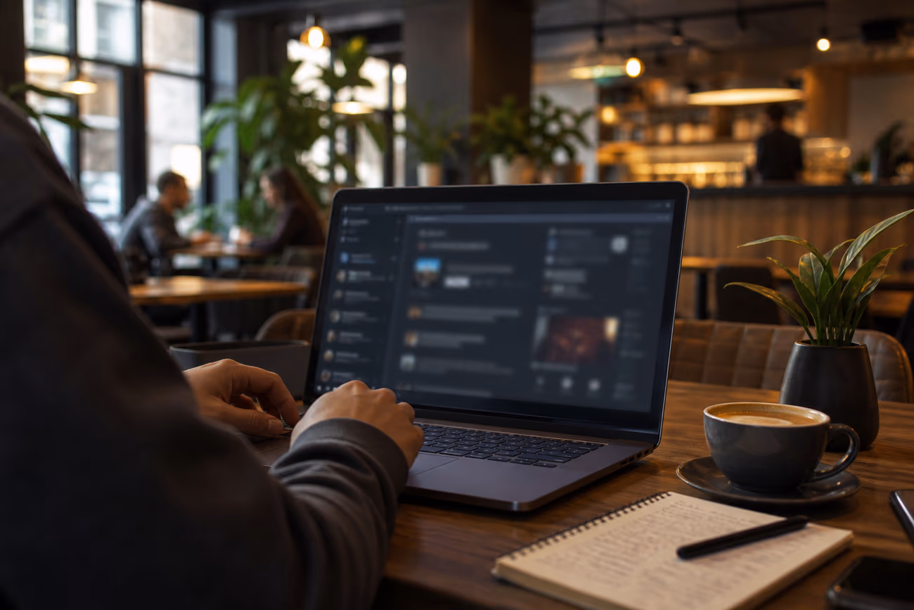 A user at a café researching dark web sites on a laptop, surrounded by coffee and notepad.