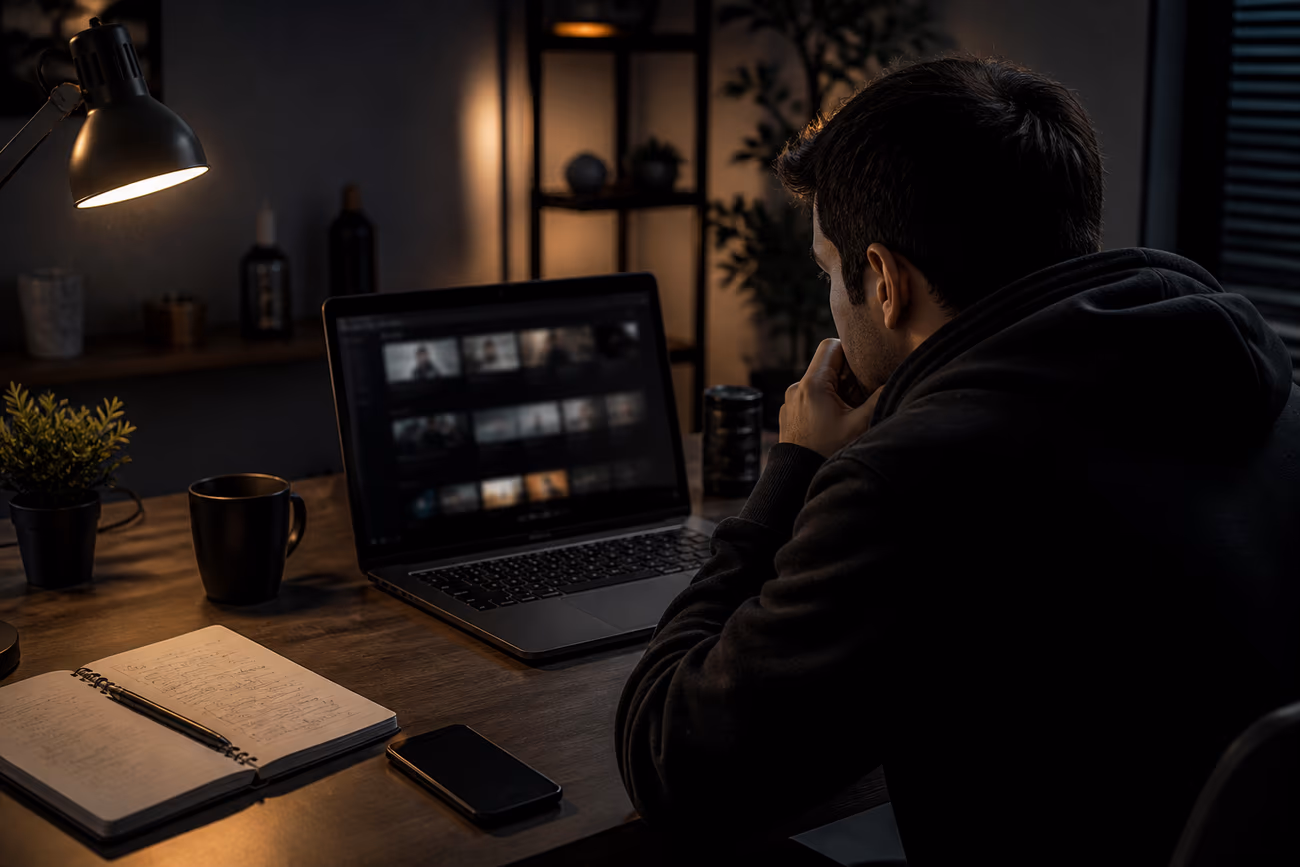 A user in a dim home office examining blurred dark web video links on a laptop, highlighting the risks of dark web content.
