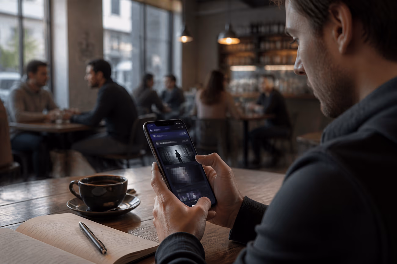 A user in a café exploring a .onion site on their smartphone, highlighting safe navigation in the dark web.