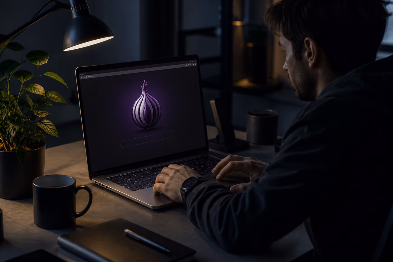 A user engaging with dark web onion links on a laptop in a dim workspace, emphasizing privacy and security.