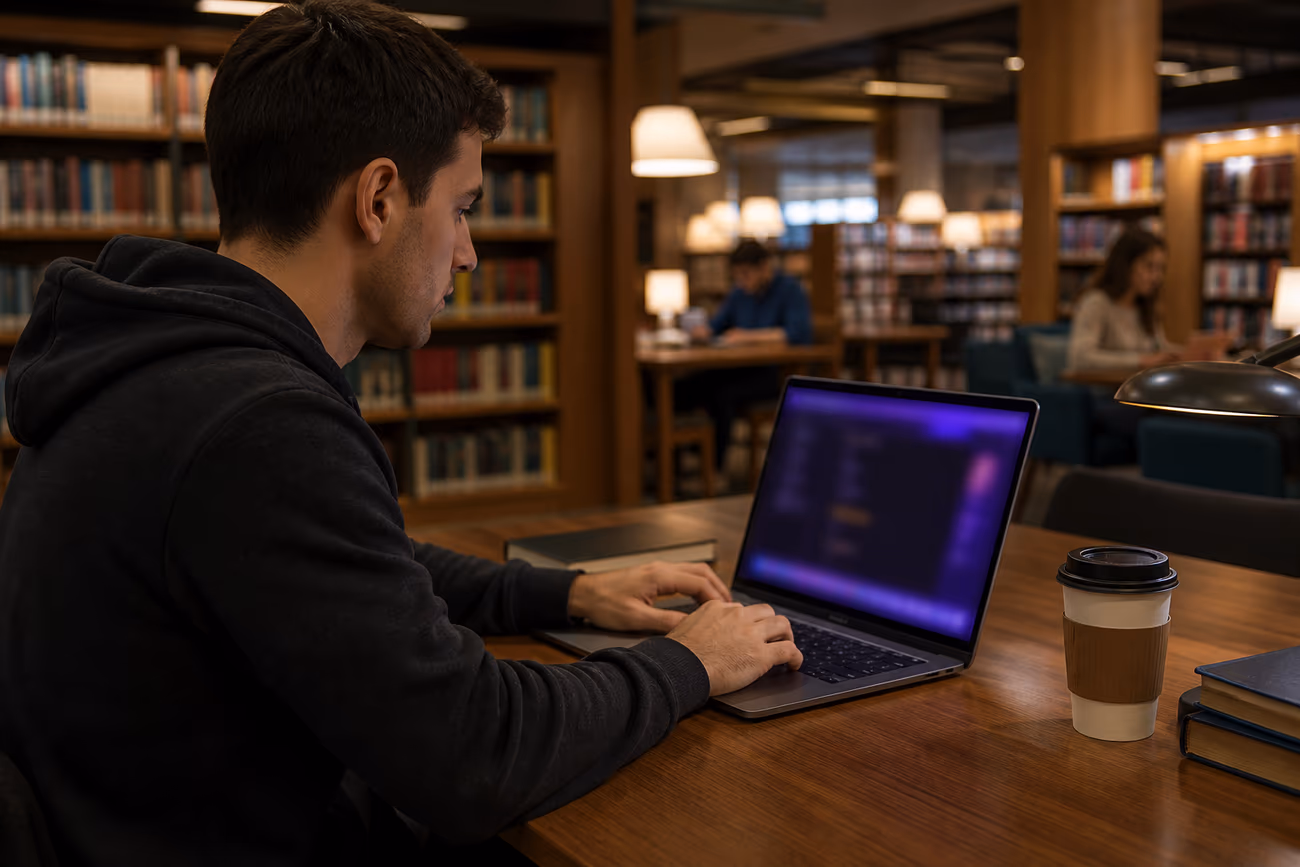 A user in a public library, focused on accessing dark web resources on a laptop.