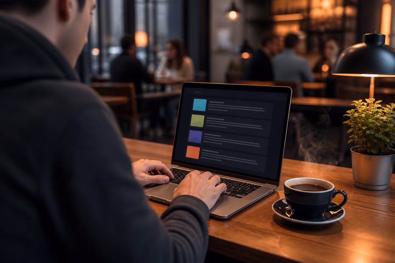 A user in a café exploring a list of valuable .onion links for safe browsing.