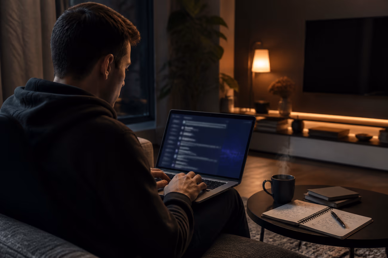 A user accessing the Hidden Wiki on a laptop in a cozy living room, exploring darknet resources.