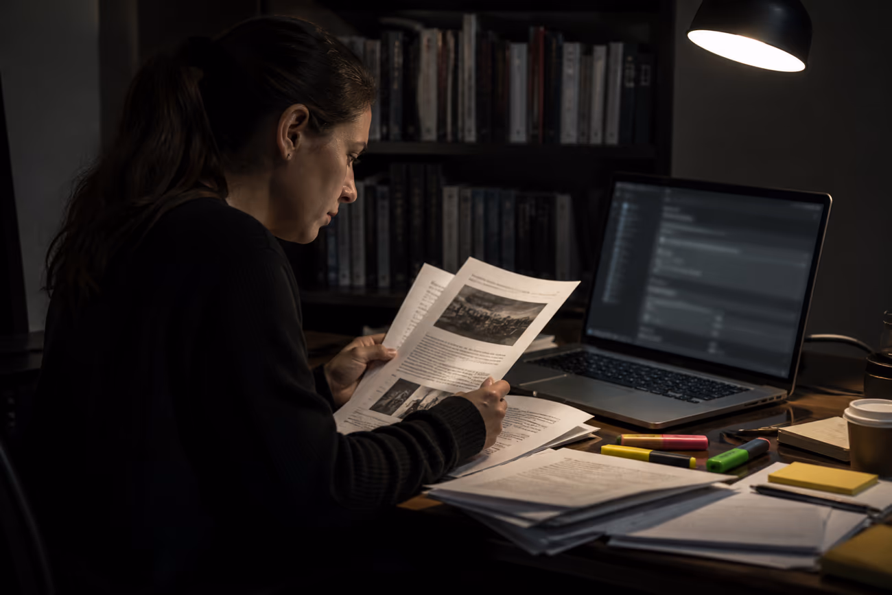A researcher examining police misconduct documents in a dimly lit office environment, emphasizing the investigative nature of the article.