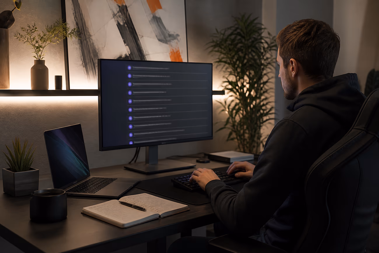 A user focused on analyzing .onion links in a stylish modern workspace, reflecting the theme of exploring hidden content.