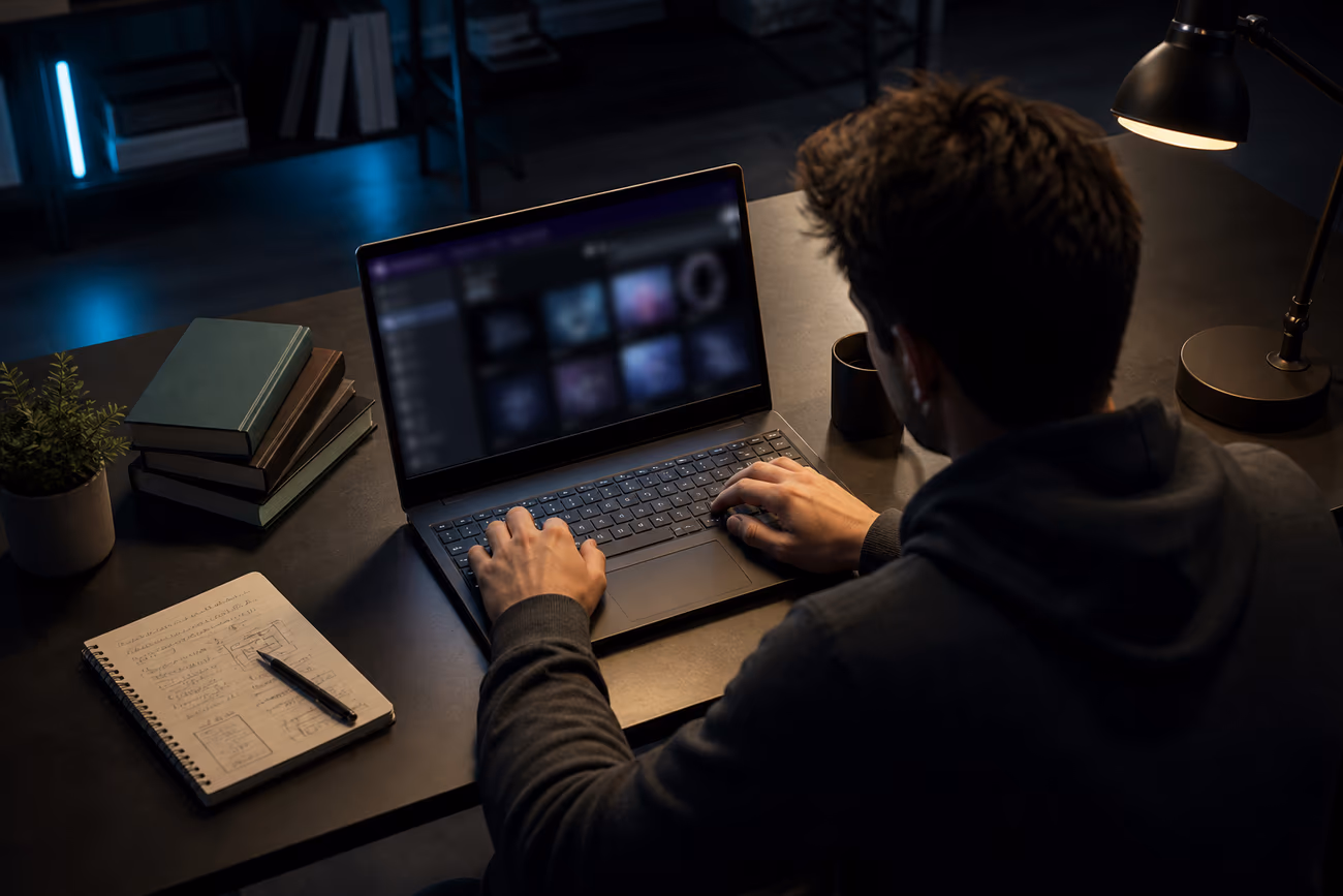 A researcher deeply engaged in exploring the mysterious content of the deep web on a laptop.