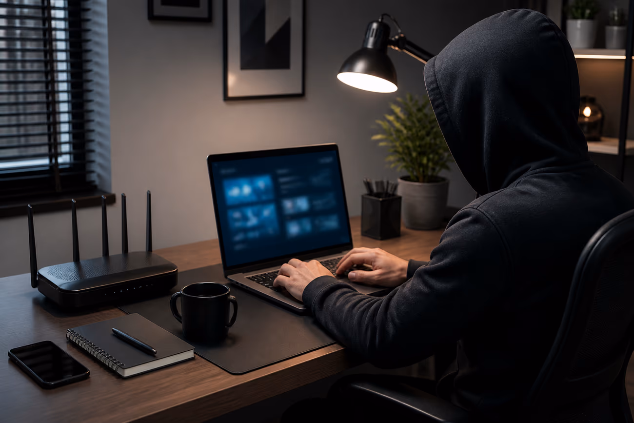 A user focused on a laptop accessing the Black Web Portal in a modern workspace with tech gadgets.