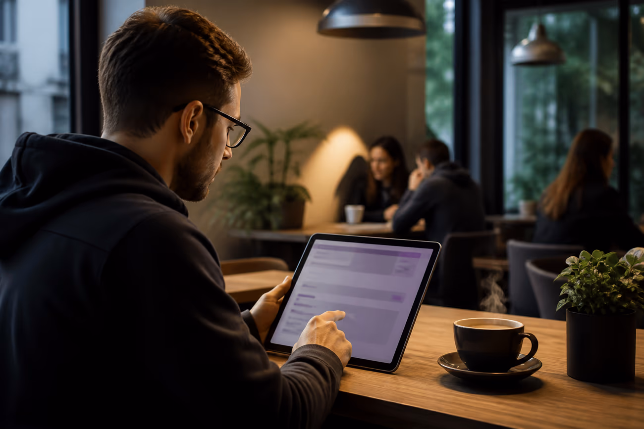 A user in a cafe exploring safe .onion sites on a tablet, reflecting privacy-focused browsing.