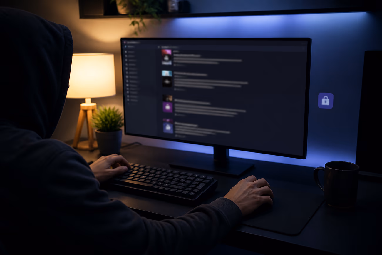 A user exploring the Tor Browser in a softly lit room, reflecting the article's focus on safe navigation.