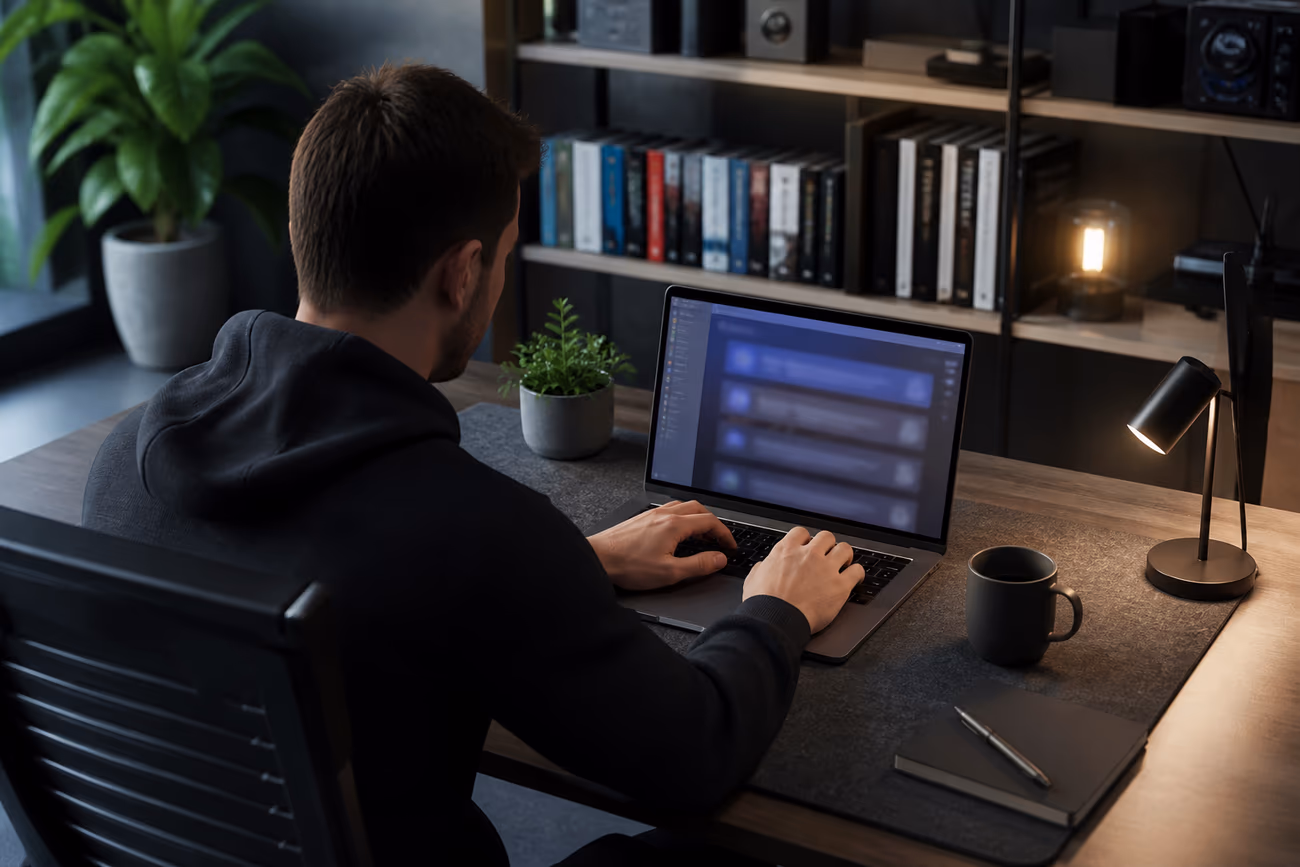 A focused user navigating a curated directory of .onion sites on a laptop at a modern workspace.