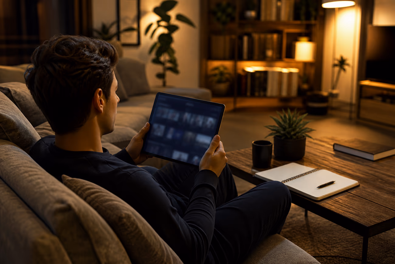 A person in a cozy living room using a tablet to explore deep web resources safely.