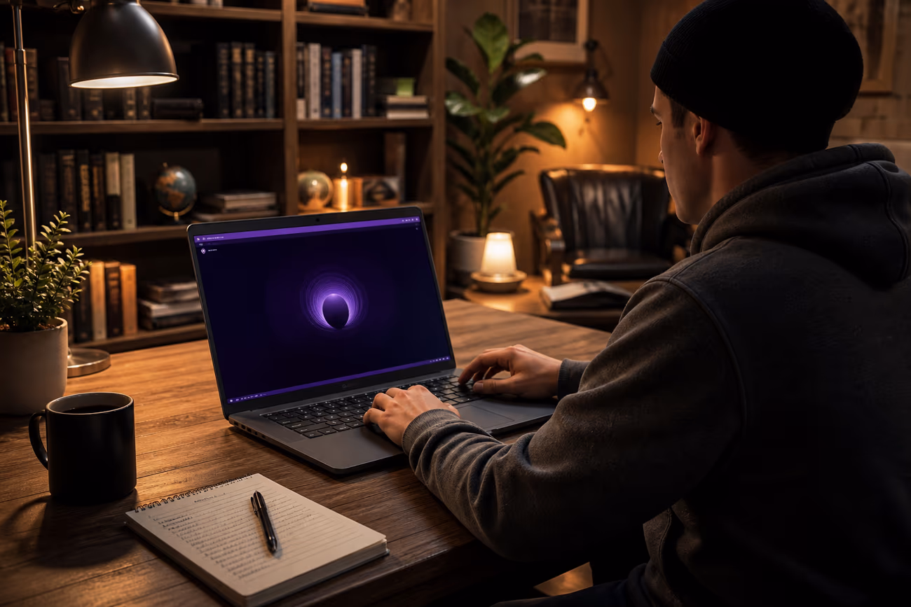 A user engaging with the Tor Browser in a cozy study, illustrating safe exploration of the dark web.